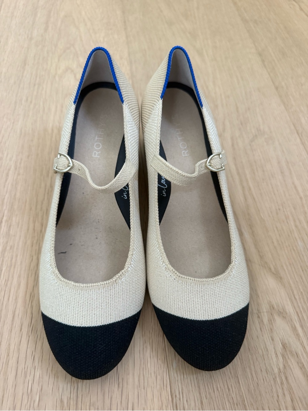 Rothy's Two-Tone Mary Jane Flat in Cream and Black with Blue Trim - Picture 1 of 4